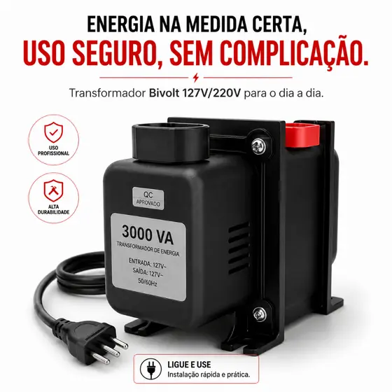 Protetor Universal de Eletrônicos Seguro e Prático - Transformador Bivolt Premium  -110V/220V 500VA a 5000VA