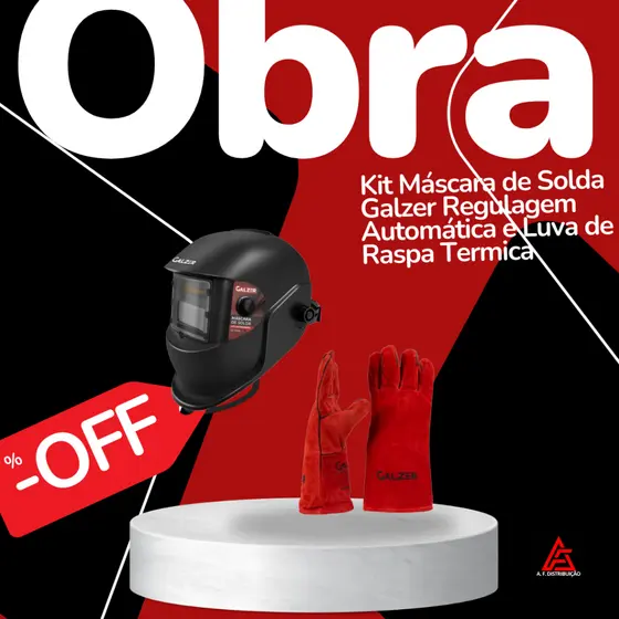 Kit Máscara de Solda Galzer Regulagem Automática e Luva de Raspa Termica para Soldador Cano Longo