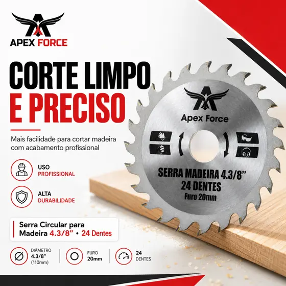 Corte Rápido e Preciso em Madeira Disco de Serra Circular Apex Force 110mm 24 Dentes