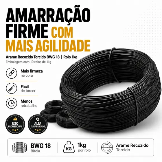 Kit 10kg Arame Recozido Torcido BWG 18 Amarração Firme e Prática -10 Rolos de 1kg