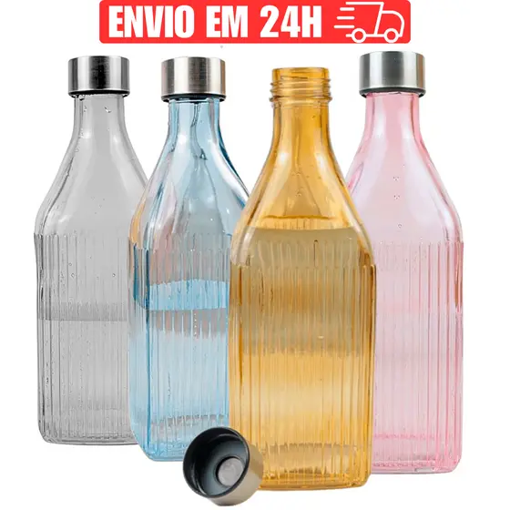 Kit 2 Garrafa de Vidro Resistente Hermetica Tampa Inox Moderna Agua Suco Garrafinha Jarra Geladeira