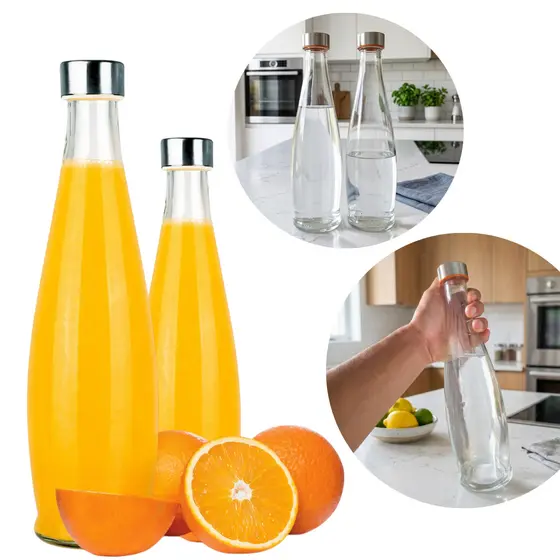 Garrafa de Agua Vidro Grosso 1 Litro Resistente Tampa Inox Hermetica Vedação Silicone Sem Bpa Suco