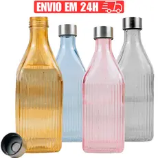 Kit Garrafa de Agua Vidro 1L Hermetica Resistente Jarra Suco Geladeira Solarizada Tampa Inox Garrafinha Vedação Silicone