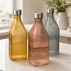 Garrafa de Agua Vidro 1L Suco Jarra Resistente Hermetica Garrafinha Tampa Inox Canelada Geladeira