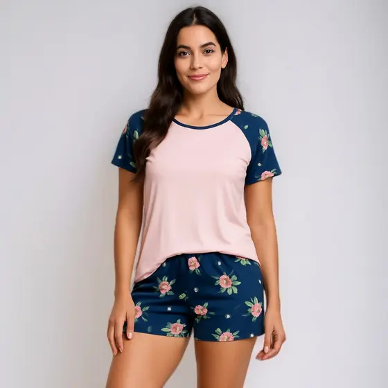 Pijama Feminino Verão Curto Estampado nas Mangas Conforto Estilo para Dormir Baby Doll Suede