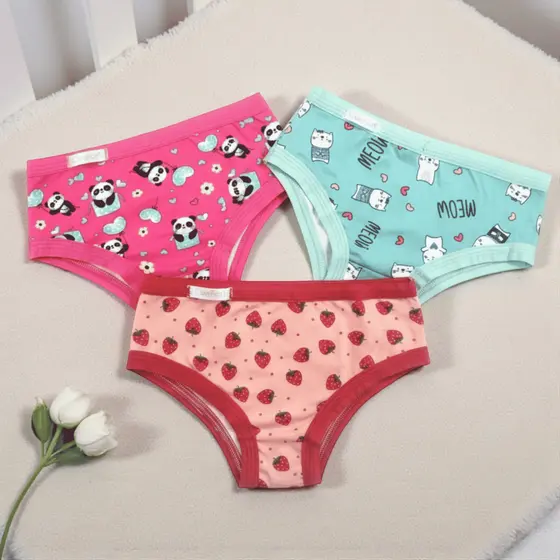 Kit 3 Calcinhas Infantis Estampadas Tecido de suede Tangas com viés elástico confortável menina moça