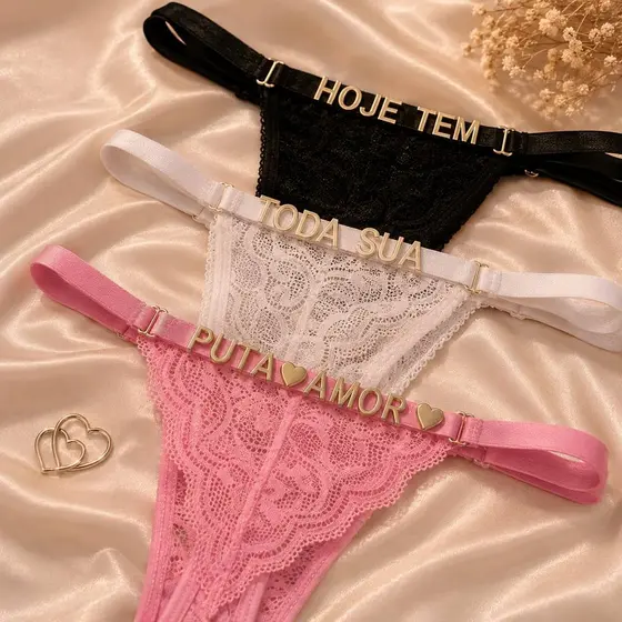 Calcinha Renda Personalizada Com Nome Frases Namorado Tanga Letras Douradas
