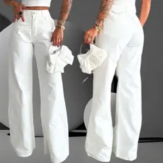 Calça Jeans Wide Leg Feminina Sarja Brim Pantalona Boca de Sino Colorida 100% Algodão Não Desbota