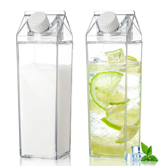 Kit Com 2 Garrafa Acrílica 1 Litro Transparente Caixa de Leite Suco