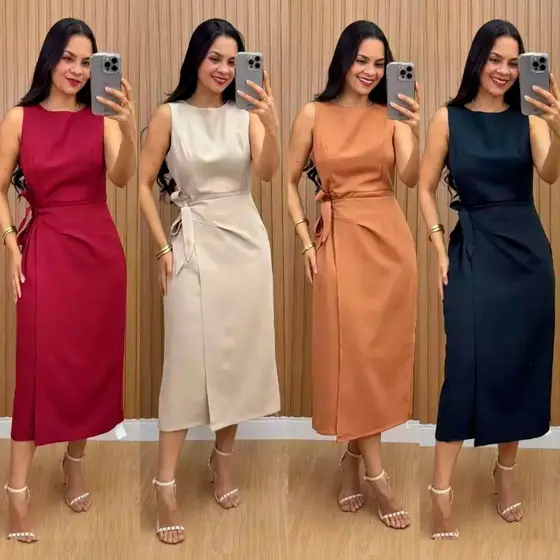 Vestido Feminino Alfaiataria Elegante luxo confortável Possui zíper nas costas alças laterais