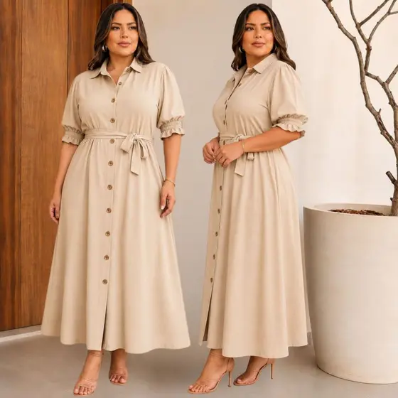 Vestido Feminino Midi Plus Size Tecido Dunas Premium Manga Bufante Elegante Casual Lançamento