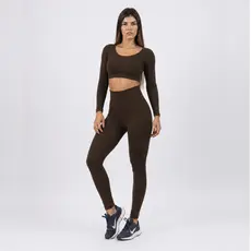 Conjunto Esportivo de Cropped Top Manga Longa e Calça Legging, Conjunto de Leggings Feminino
