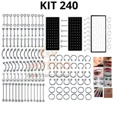 KIT  240 Piercings Aço cirúrgico perfurado língua sobrancelha umbigo ferradura nariz lábio anel Cor Prata 8mm