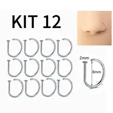 Kit 12 unidades Piercing De Nariz Nostril D-ring em aço cirúrgico