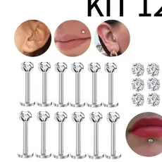 Kit 12 Piercing Labret Ponto De Luz (2.5mm) Helix Tragus Conch Aço Cirúrgico 6/8mm