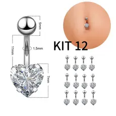 Kit 12 Unidades Piercing Umbigo Aço Cirúrgico Pedrinha Formado Coração