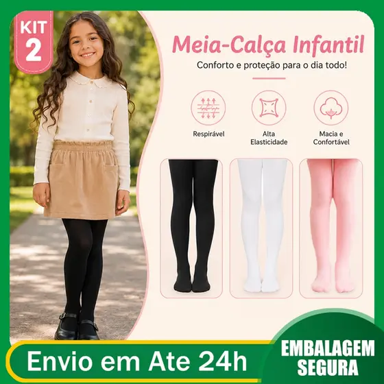 Kit com 2 Meia calça infantil Frio Inverno Para Bebê Menina cor Branca/Preto