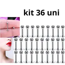 kit 36 Piercing Labret Lábios Boca Tragus Conch Aço inoxidável Cirúrgico