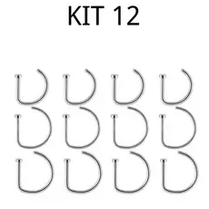 kit 12 Piercing De Nariz Nostril D-ring em aço cirúrgico Cor Prata