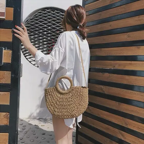 bolsa feminina de praia palha meia redondada lua verão