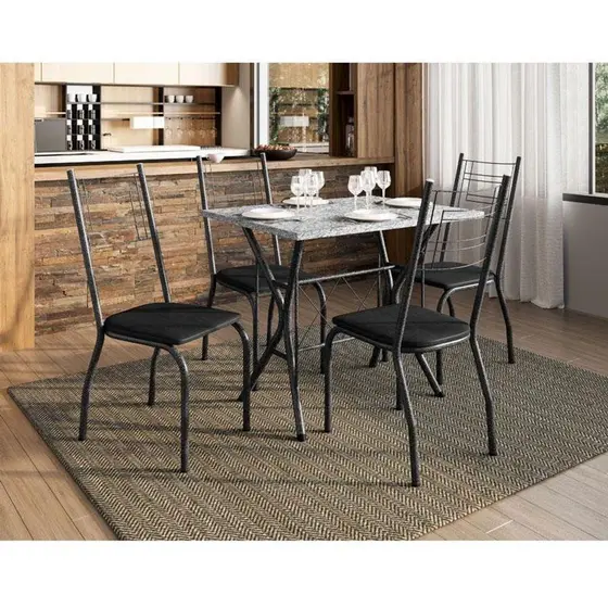Mesa De Jantar Bruna 100x60 Cm Com Granito Ocre Itabira Com 4 Cadeiras 063 Preto - Artefamol