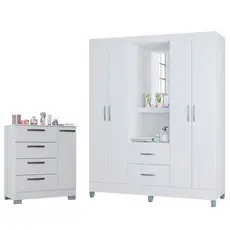 Cômoda 868 4 Gavetas E 1 Porta Com Guarda Roupa Solteiro Córdoba 4 Portas Branco Brilho - Poquema