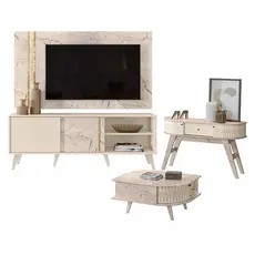 Rack Bancada E Painel Para Tv Cronos Com Aparador Estoril E Mesa De Centro Indianápolis Calacata Off White - Madetec