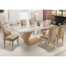 Mesa Alvorada 180 Tp Mdf Vidro Canto Reto 6 Cadeiras