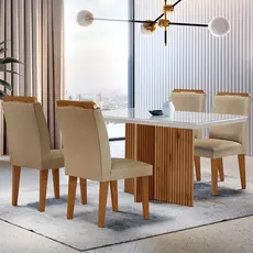 Mesa Olimpia 120cm Mdf Vidro Canto Reto Com 4 Cadeiras