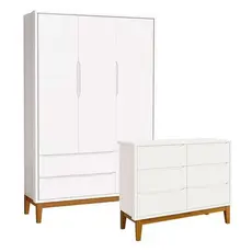 Cômoda 6 Portas E Guarda Roupa Infantil 3 Portas New Classic Branco Acetinado Com Pés Madeira - Reller