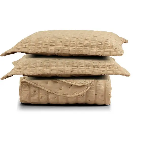 Kit Colcha Cobre Leito Scarpa Plissê Queen Seersucker 3 Peças Maciez E Leveza Textura  Bege Mel