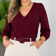 Blusa Feminina  Manga 3/4 Social Elegante Decote V