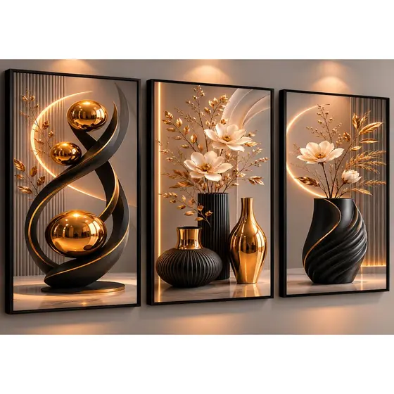 Kit De Quadros Decorativos 3 Peças Para Sala Quartos Vasos Pretos e Dourados Flores Modernas Delicadas (VP)