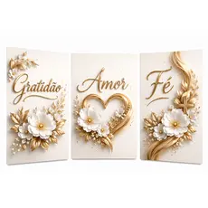 Quadros Decorativos 3 Peças Gratidão Amor e Fé Vasos De Flores Brilhantes Decoração(GALHOS GRATIDÃO)