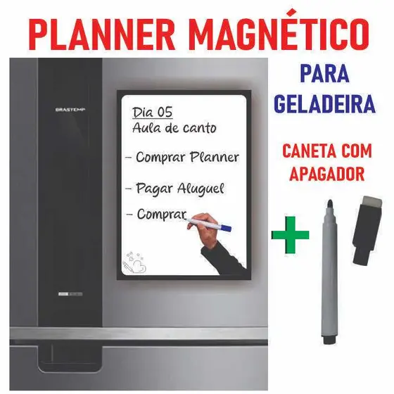 Ima de Geladeira Planner Lisol e Caneta que Apaga e Escreve Imã Planner Liso