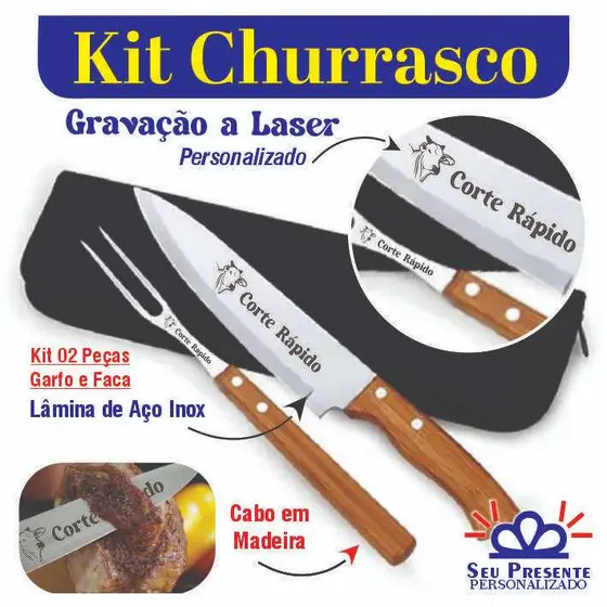 Kit Churrasco Personalizado Garfo Faca Aço Inoxidável Gravação a Laser 02 Peças