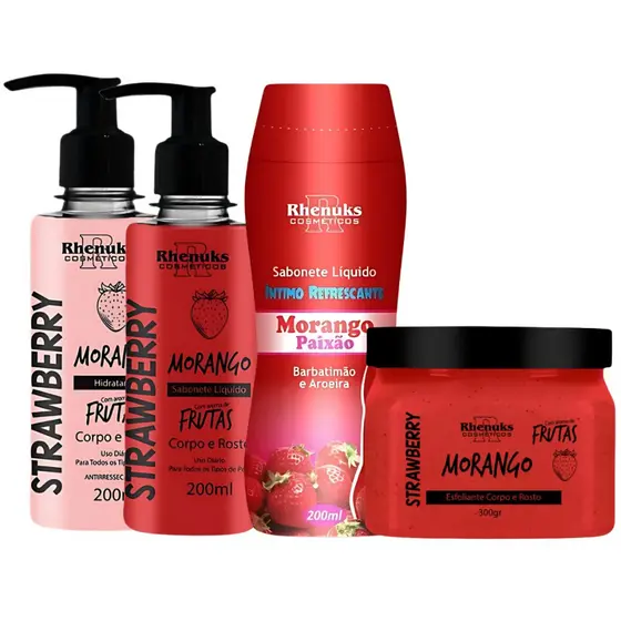 Kit corporal morango sabonetes, hidratante esfoliante