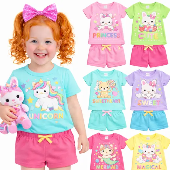 Kit Sortido 2 ou 4 Peças Conjunto Infantil Menina Verão Moda Feminina Bebê Leve e Fresquinha Conjunto de VERÃO Menina