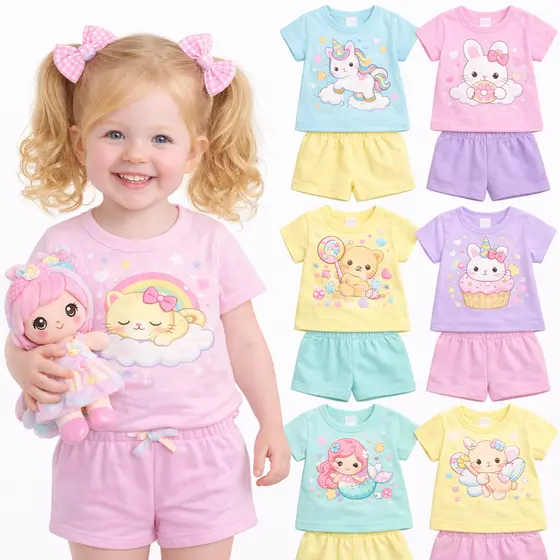 Kit Sortido 2 ou 4 Peças de Roupas Infantil Menina Verão Conjuntos de Verão Bebê Feminino Pronta Entrega Manga Curta