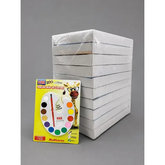 Kit Pintura Infantil 10 Telas 10x15cm Aquarela Kaz 12 Cores com Pincel