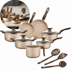 Jogo De Panelas 10 Peças Antiaderente Conjunto Frigideira Fervedor tampa de vidro Cor Coffee Cappuccino Kit Talheres