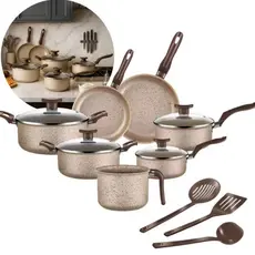 Jogo De Panelas 10 Peças Antiaderente Conjunto Frigideira Fervedor tampa de vidro Cor Coffee Cappuccino Kit Talheres