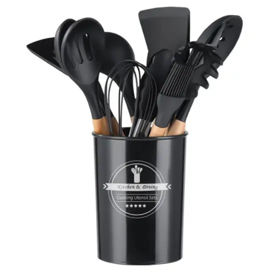 Jogo Utensílios de Cozinha em Silicone Madeira 12 Peças Preto/Rosa/Vermelho/Verde