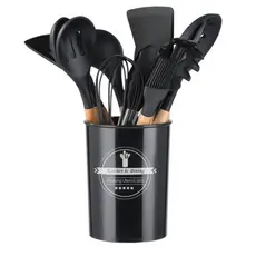 Jogo Utensílios de Cozinha em Silicone Madeira 12 Peças Preto/Rosa/Vermelho/Verde