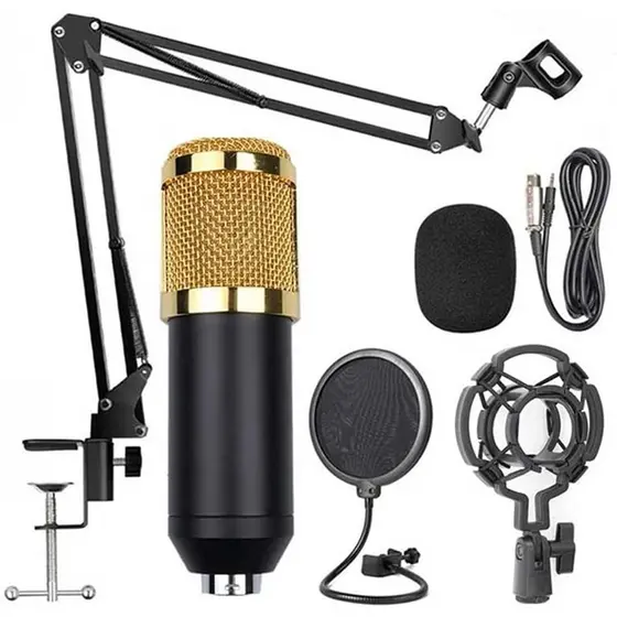 Kit Microfone Profissional Para Estúdio e Gravação + Pop Filter + Aranha + Braço Articulado