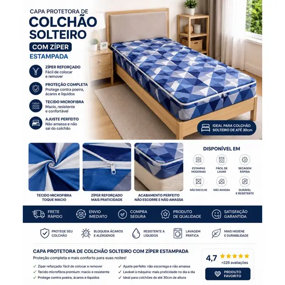 Capa Protetora de Colchão Solteiro com Zíper Estampada