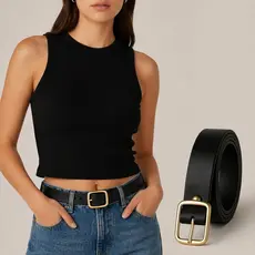 Blusa Feminina Regata Cropped Canelada Curta Sem Mangas + Cinto Feminino Fivela Metalizada Dourado