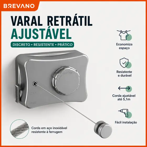 Varal Retrátil em Aço Inoxidável Ajustável em Até 5,1 Metros Resistente Seca Roupa
