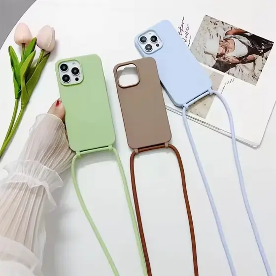 Capa Capinha com Cordão Colar Silicone Fosca para iPhone 11 12 13 14 15 16