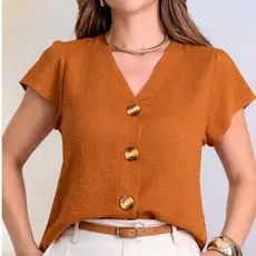 Blusa Feminina Social Elegante Manga Curta Decote V 3 Botões Tecido Duna Casual Chique